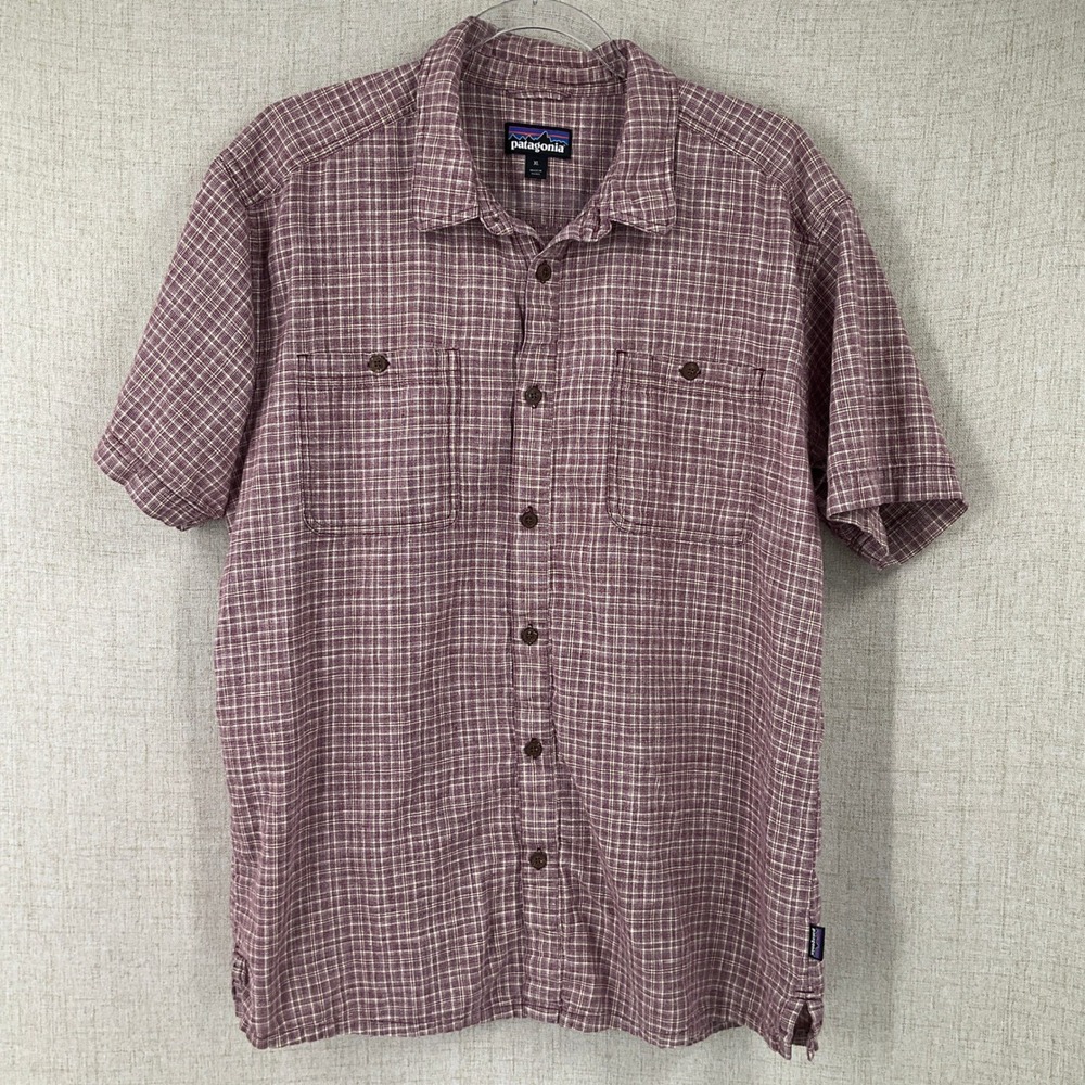 Patagonia Button Down Shirt Mens XL Burgundy Plaid Hemp Blend Outdoor Utility